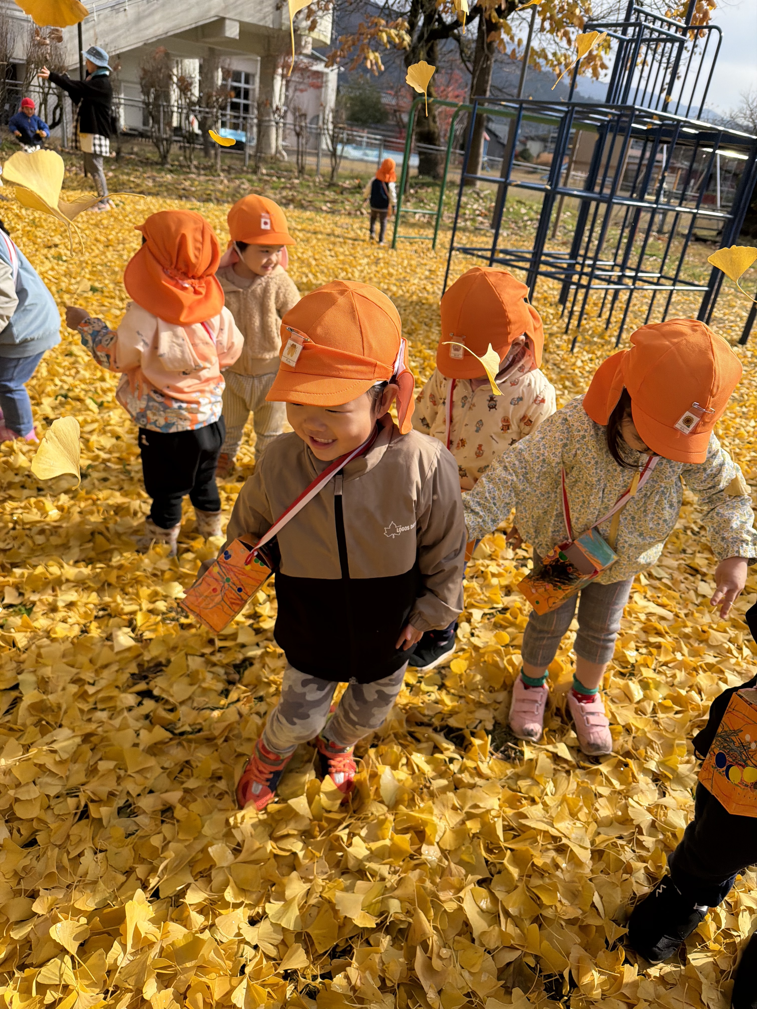 もも★　4銀杏の葉っぱがたーくさん散って、地面が黄色の絨毯のようになって綺麗でした。落ち葉のシャワーにして楽しんでいましたよ。